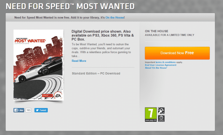 Origin On The House: Need For Speed Most Wanted 2012 (FREE)