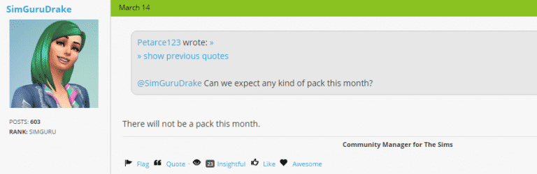 The Sims 4: No New Packs coming this month