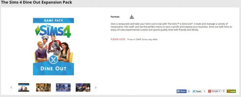 The Sims 4 Dine Out: Official Boxart + Key Features (Game.co.uk listing)