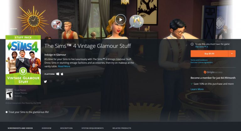 The Sims 4 Vintage Glamour Stuff Now Available on Origin!