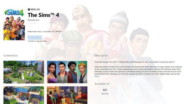 The Sims 4 for Xbox One listed on Microsoft Store