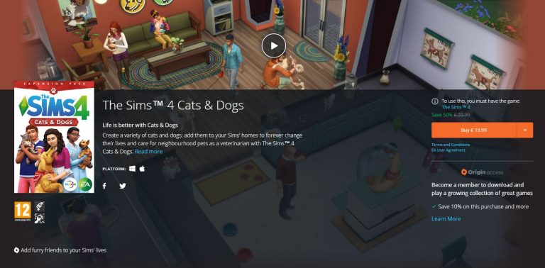 The Sims 4 Cats & Dogs is 50% off on Origin