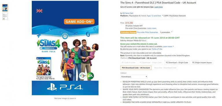 The Sims 4 Console: Parenthood and Kids Room listed for June 19th
