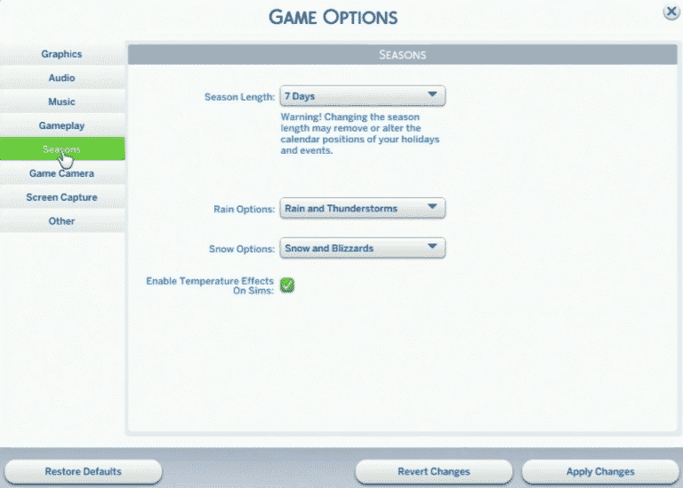 The Sims 4 Seasons: List of Game Options