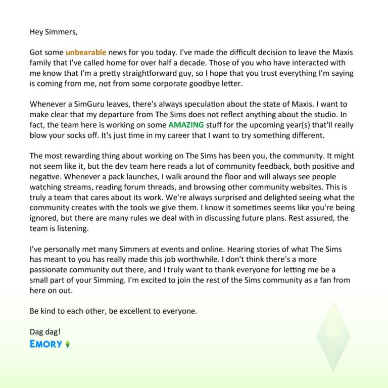 SimGuruEmory Announces Departure From Maxis