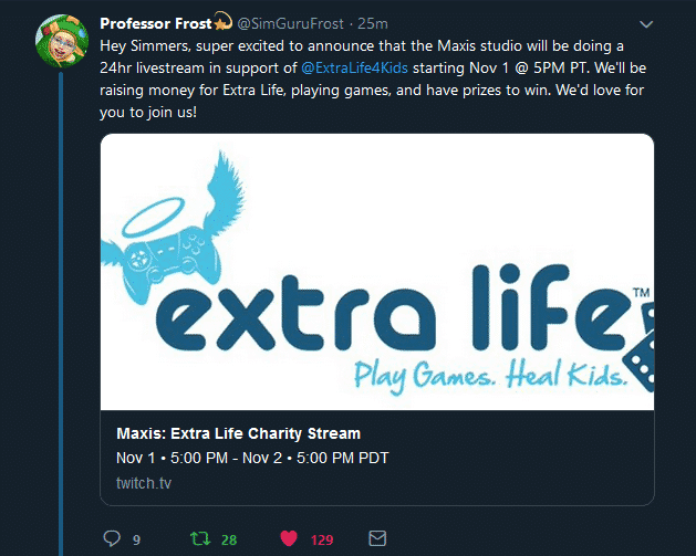 Maxis Studio Announce Extra Life Livestream