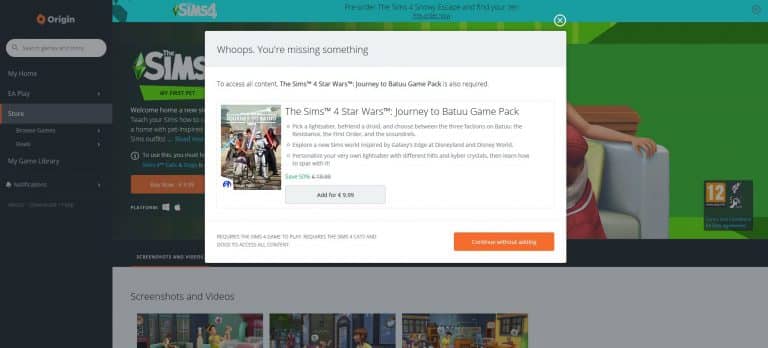Origin REALLY wants people to buy The Sims 4 Star Wars Game Pack