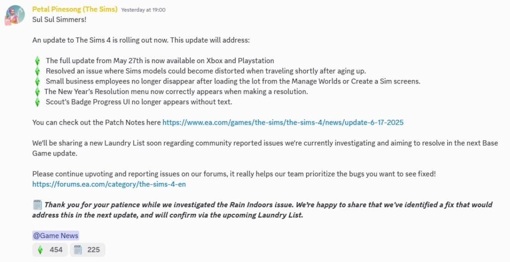 The Sims 4 Indoor Weather Bug to be Fixed in Next Patch 3 DiscordMsgRainIndoors