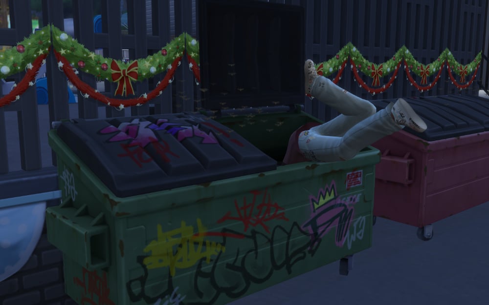 Sim climbing into dumpster