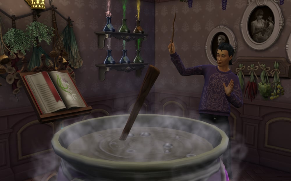 Sim making a magic potion at cauldron