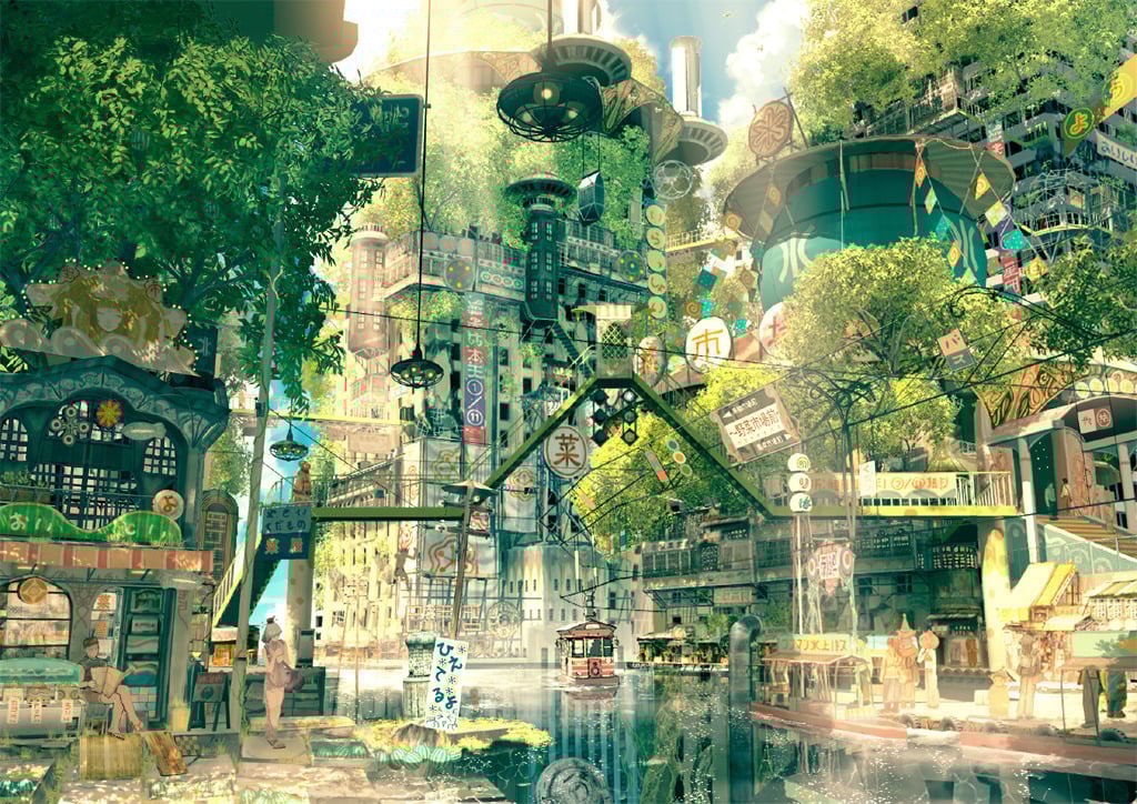 Build to Bloom: The Sims 4 Solarpunk Architecture 4 A view of city with a river in the middle and tall buildings on either side with lots of plants covering them