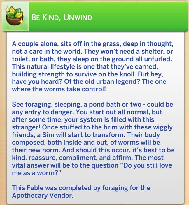 Spinning a Tale: Guide to Fables in The Sims 4 Enchanted by Nature 14 Be Kind, Unwind complete fable