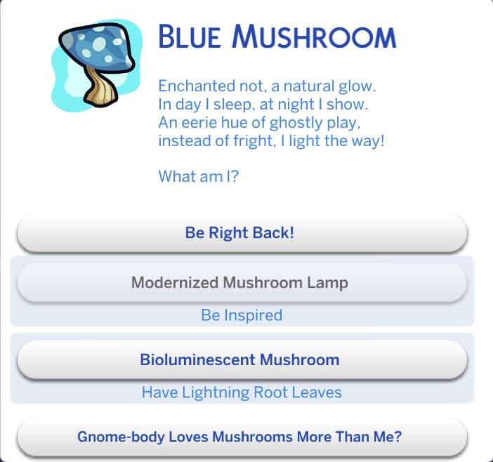 Spinning a Tale: Guide to Fables in The Sims 4 Enchanted by Nature 20 Blue mushroom riddle