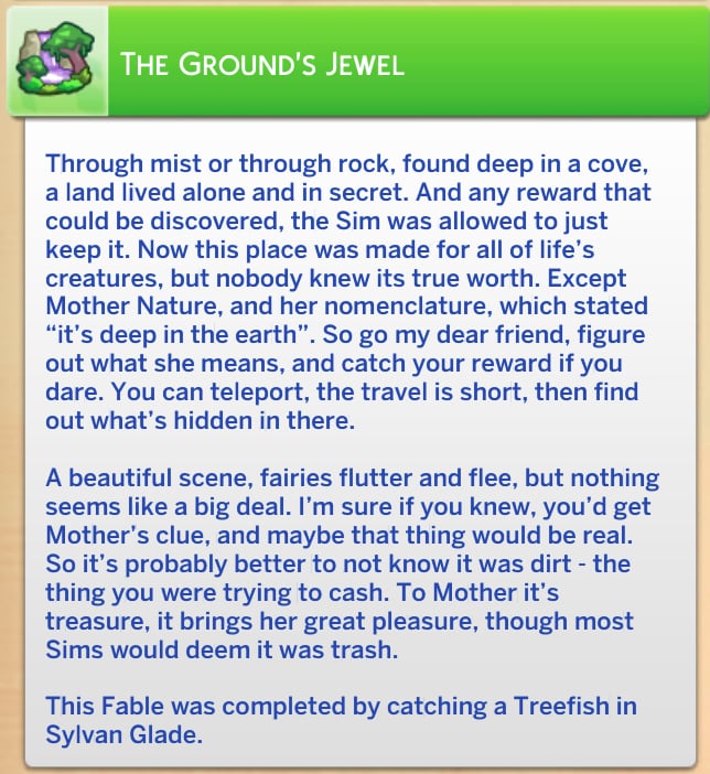 Spinning a Tale: Guide to Fables in The Sims 4 Enchanted by Nature 36 The Ground's Jewel complete fable