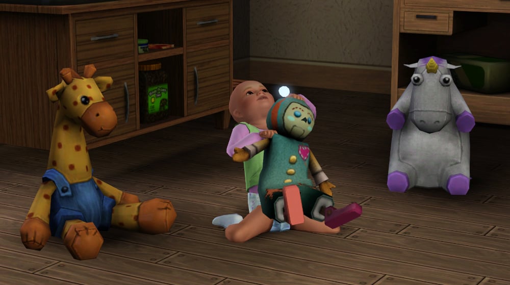 Sim playing with imaginary friend doll