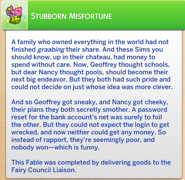 Spinning a Tale: Guide to Fables in The Sims 4 Enchanted by Nature 33 Stubborn misfortune complete fable