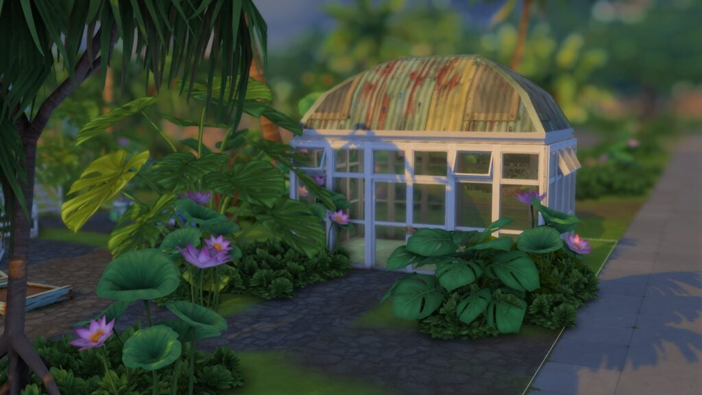 Build to Bloom: The Sims 4 Solarpunk Architecture 2 Exterior of a greenhouse with plants in the foreground