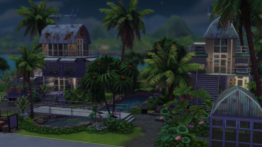 Build to Bloom: The Sims 4 Solarpunk Architecture 13 Night time view of Sims 4 Solarpunk Architecture