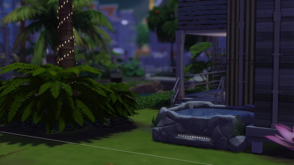 Build to Bloom: The Sims 4 Solarpunk Architecture 6 A hot tub with a tree next to it and a building behind