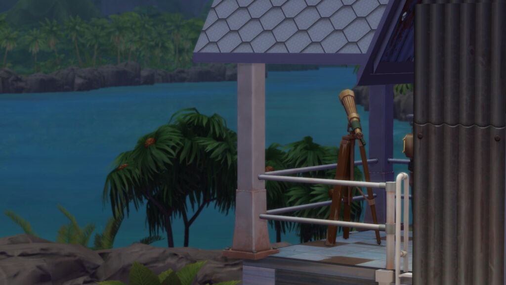 Build to Bloom: The Sims 4 Solarpunk Architecture 11 A telescope undercover looking out on the ocean