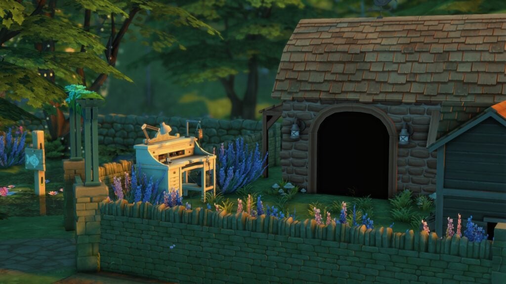 The Sims 4 Glass Walls Build Tips: Through the Simming Glass 2 Gemology table in pen with animal shed surrounded by lavender