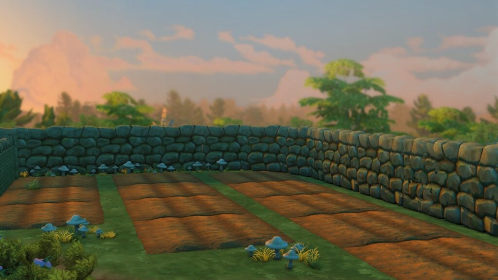 The Sims 4 Glass Walls Build Tips: Through the Simming Glass 16 View of garden patches surrounded by stone wall looking out on beautiful view