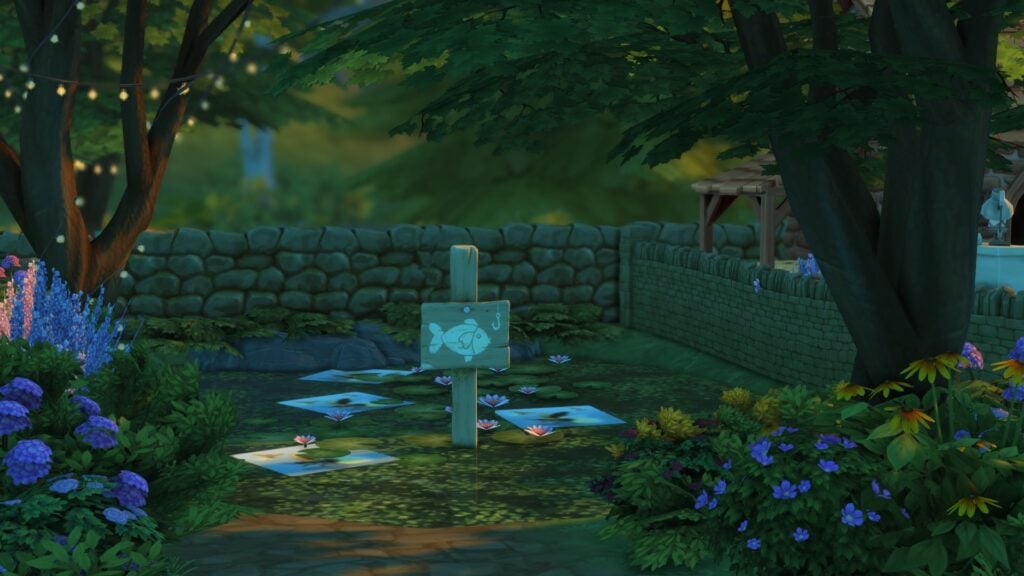 The Sims 4 Glass Walls Build Tips: Through the Simming Glass 3 Pond with fishing sign surrounded by bushes with lilypads on the pond