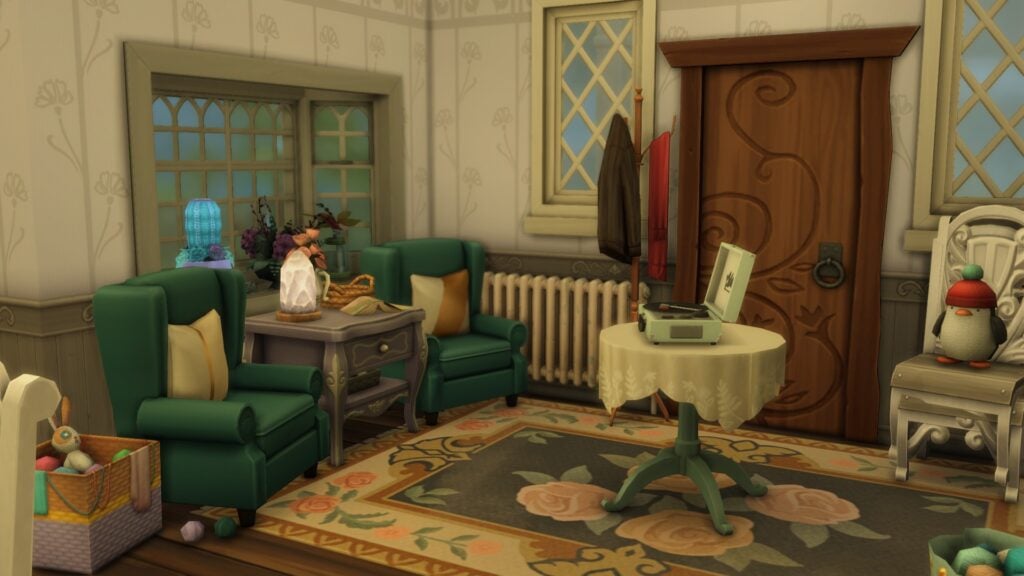 The Sims 4 Glass Walls Build Tips: Through the Simming Glass 18 Interior of entryway/living room with a table in the middle with a record player on top. Two chairs beside a little table