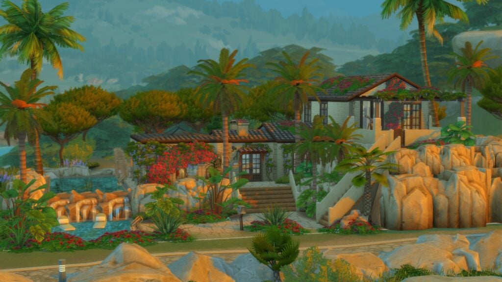 To Pool or Not To Pool: The Sims 4 Pool Designs & Tips 22 Exterior view of Mediterranean house with feature pools to showcase sims 4 pool designs