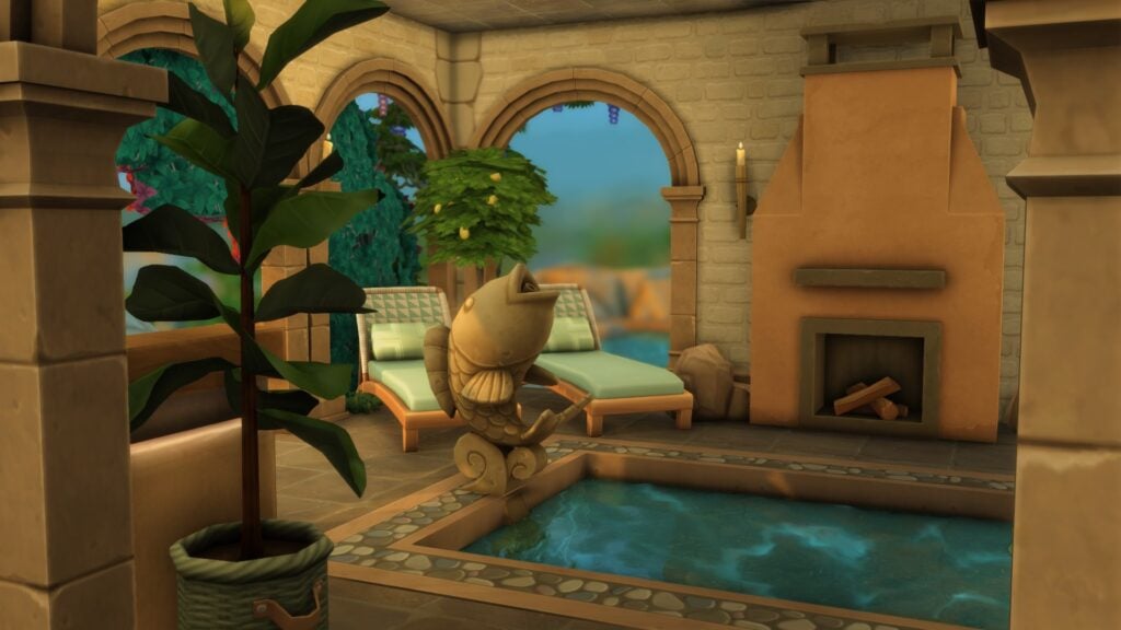 To Pool or Not To Pool: The Sims 4 Pool Designs & Tips 18 Interior view of courtyard with fish fountain into pool and fireplace in background
