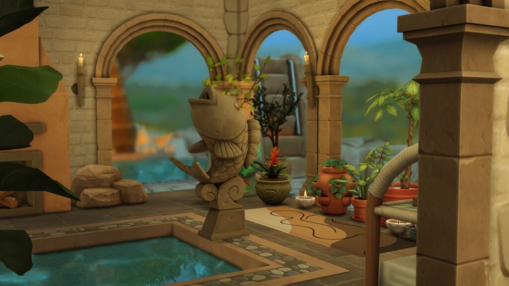 To Pool or Not To Pool: The Sims 4 Pool Designs & Tips 19 Interior view of courtyard with fish fountain into pool and yoga mat behind