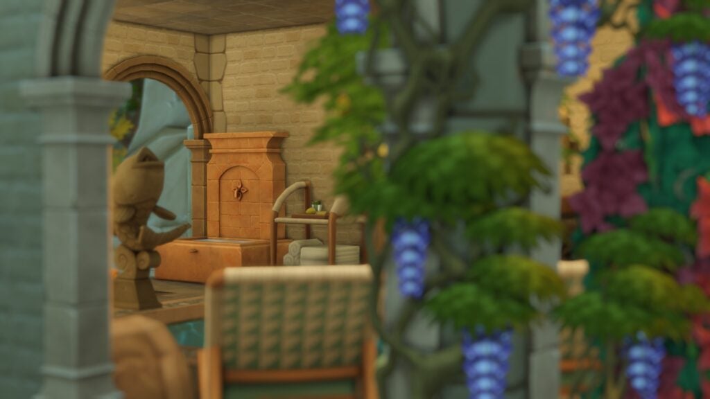 To Pool or Not To Pool: The Sims 4 Pool Designs & Tips 21 Interior view of courtyard with lounders in foreground and decorative fountain in background