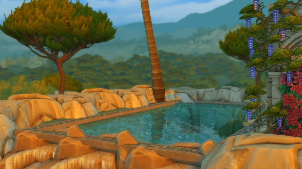To Pool or Not To Pool: The Sims 4 Pool Designs & Tips 2 Pool surrounded by rocks and a palm tree / The Sims 4 Pool Designs Guide