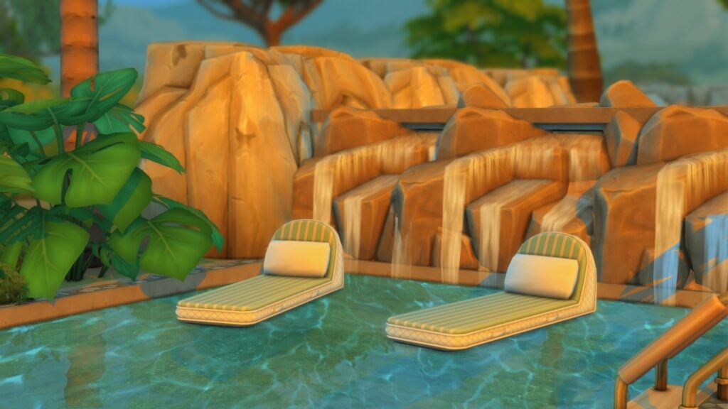 To Pool or Not To Pool: The Sims 4 Pool Designs & Tips 17 Two floating loungers on a pool with rocks and bushes in the background