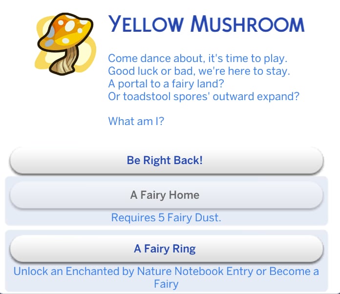 Spinning a Tale: Guide to Fables in The Sims 4 Enchanted by Nature 23 Yellow mushroom riddle