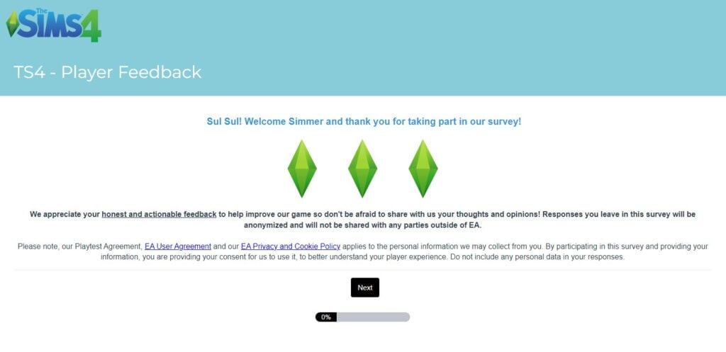 Sims 4 Updates Survey Welcome Screen