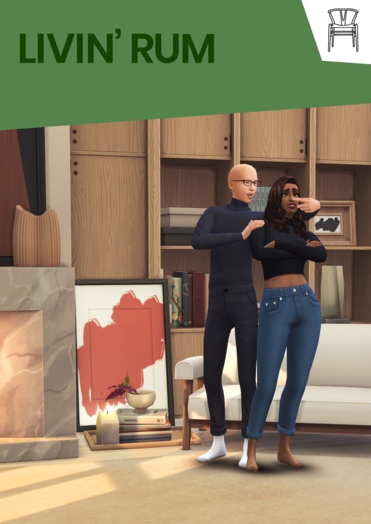 Your Ultimate Collection of The Sims 4 Living Room CC (40 Sets) 74 living room cc pack. wooden cabinets, white sofa, artwork, stone fireplace, two sims embracing.