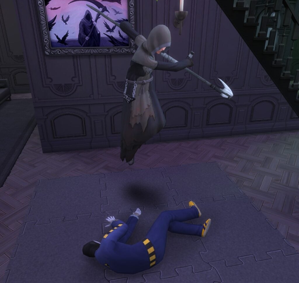 sims 4 reaping career reaping practice, sim swiping scythe over test dummy