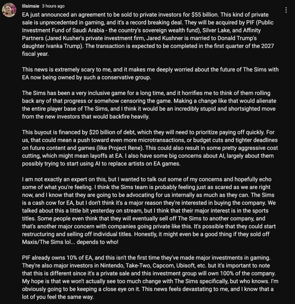 lilsimsie statement on ea buyout