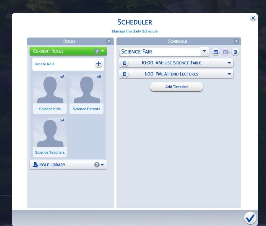 The Sims 4 Adventure Awaits and The Sims 4 High School Years Getaways, Science Fair Schedule