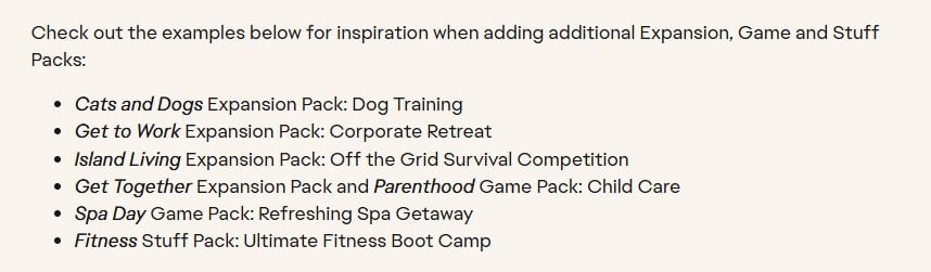 The Sims 4: Adventure Awaits Cross-Pack EA examples
