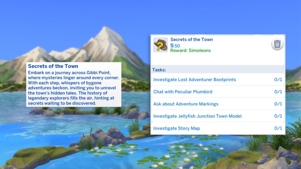 The Sims 4 Adventure Awaits: Gibbi Point Adventure Quests Guide 7 secrets tab