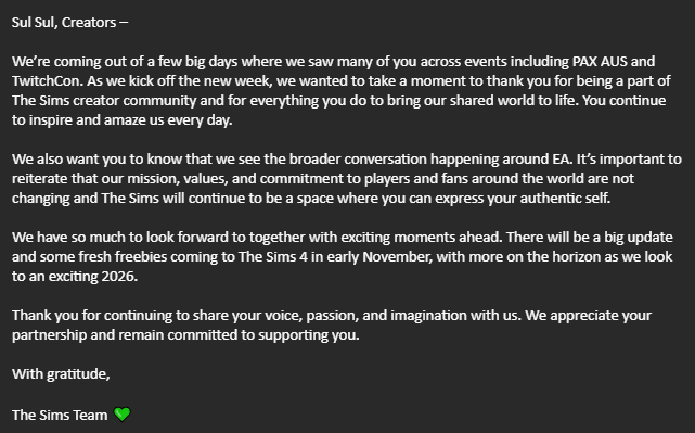 The Sims Team Reassures Creators About The Sims 4's Future in a New Email 3 the sims team statement email the sims 4 future ea buyout