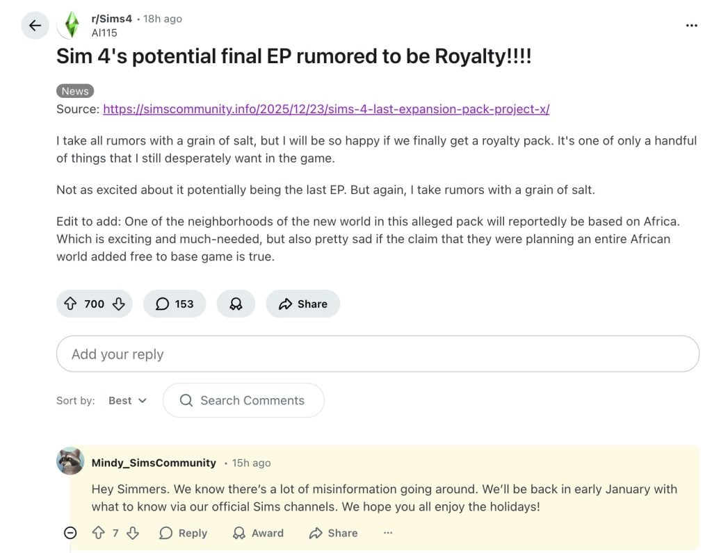 sims 4 last expansion pack rumor ea response