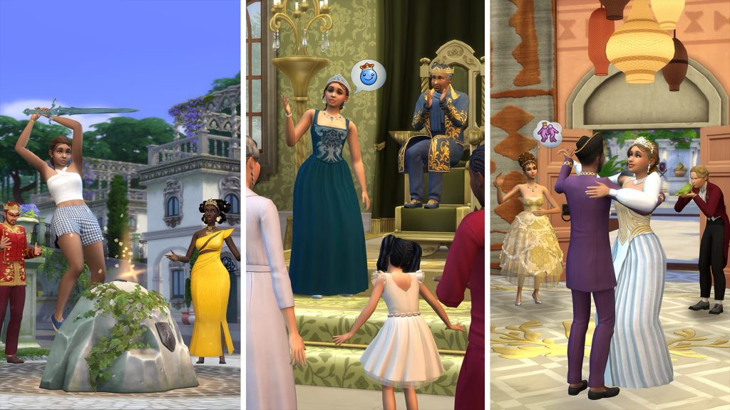 Three scenes show Sims in royal settings: a dramatic sword pose outdoors, a coronation speech before nobles, and couples dancing at a grand celebration.