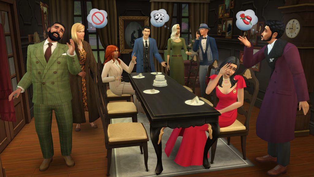 Sims argue around a dining table during a tense gathering, with dramatic gestures, thought bubbles, and a distressed Sim seated at the table.