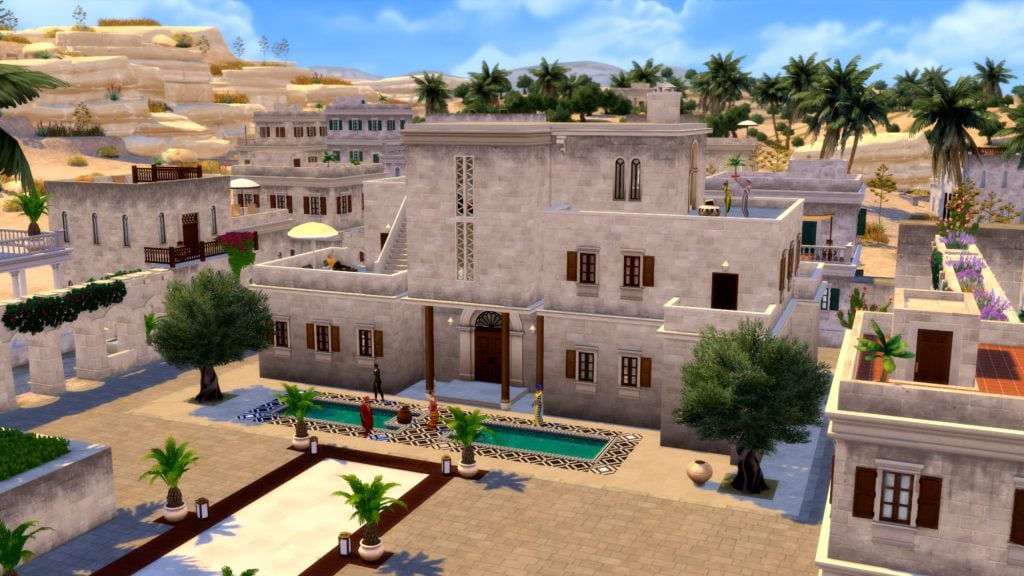 A sunlit desert town features stone homes with flat rooftops, palm-lined courtyards, and Sims gathering around a narrow reflecting pool.