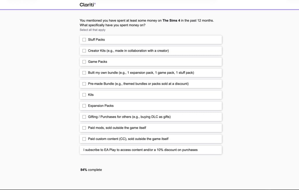 the sims survey 2026 questions about the sims 44