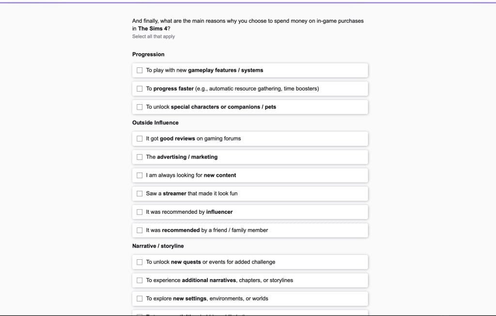 the sims survey 2026 questions about the sims 45