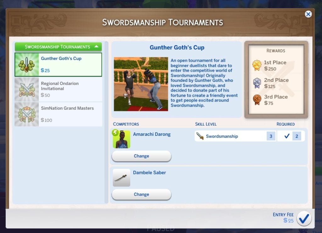 The Sims 4 Royalty & Legacy Swordsmanship Skill- Swordsmanship Tournaments